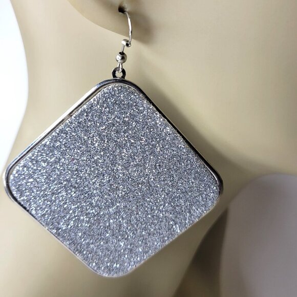 Silver Glitter Square Hook Earrings - Picture 2 of 4